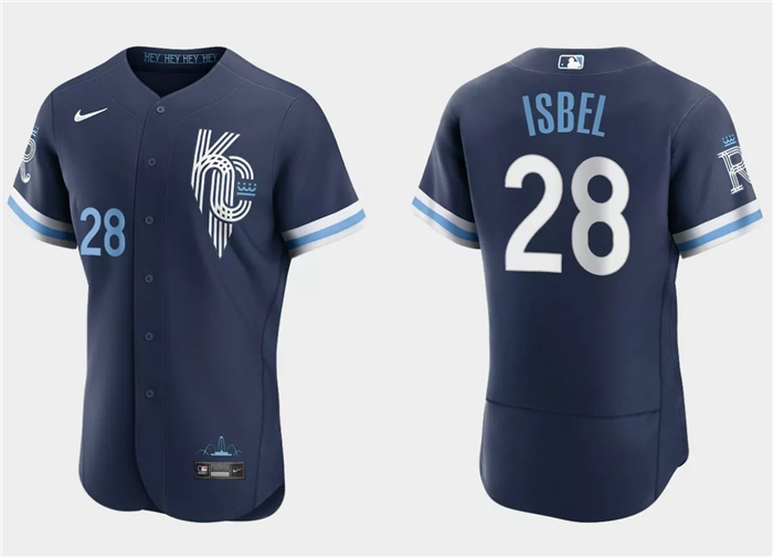 Men's Kansas City Royals #28 Kyle Isbel Navy City Connect Flex Base Stitched MLB Jersey